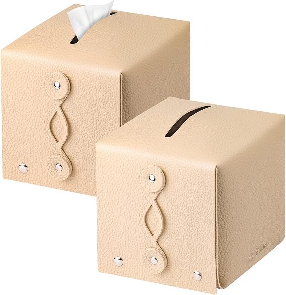 Tissue Box Cover(5.5"X5.5"X5.5"), Tclouda, Modern PU Leather Square Tissue Box Holder for Creative Decorative, 2 Pack, Use for Bathrooms/Office/Car/Nightstand/Outdoor Tent/Dining Table, Double Beige