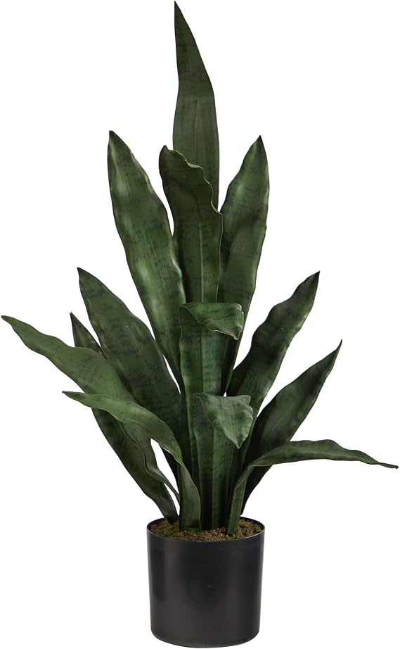 Nearly Natural 2-ft Artificial Tall Snake Plant Sansevieria, Green Faux Snake Plant for Indoor Home Decor in Black Nursery Pot, 24-in Fake Plant for Office, Living Room, Bedroom, Tabletop, DIY
