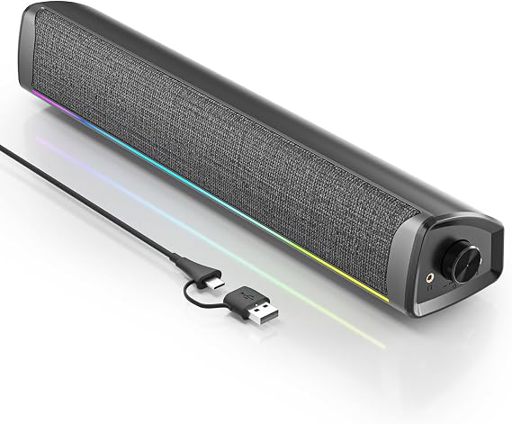 Computer Speakers for Desktop PC, Gaming Soundbar with 4 Drivers, 12 RGB Lighting Modes, USB/USB-C Powered PC Speakers, Plug & Play Monitor Sound Bar with Mic & Headphone Jack for Laptop, PC, Black