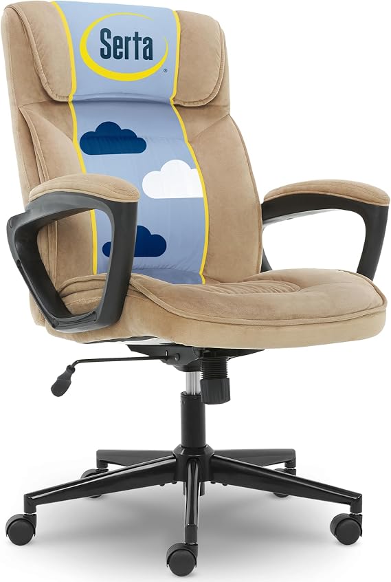 Serta Hannah Executive Home Office Desk Chair, Ergonomic Mid-Back with Lumbar Support, Firm Seat Cushion, Layered Body Pillows, Padded Armrests, Swivel Base, Easy Assembly, Microfiber, Beige