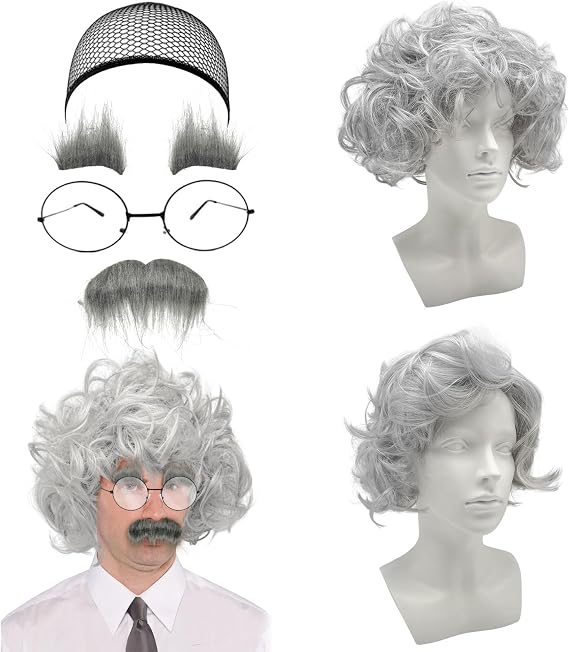 5 Pcs Old Man Costume Set, Grey Wig with Beard Glasses Hair Net for Wigs, Mens Wig Scientist Professor Grandpa Costume for Cosplay Party Halloween Carnival