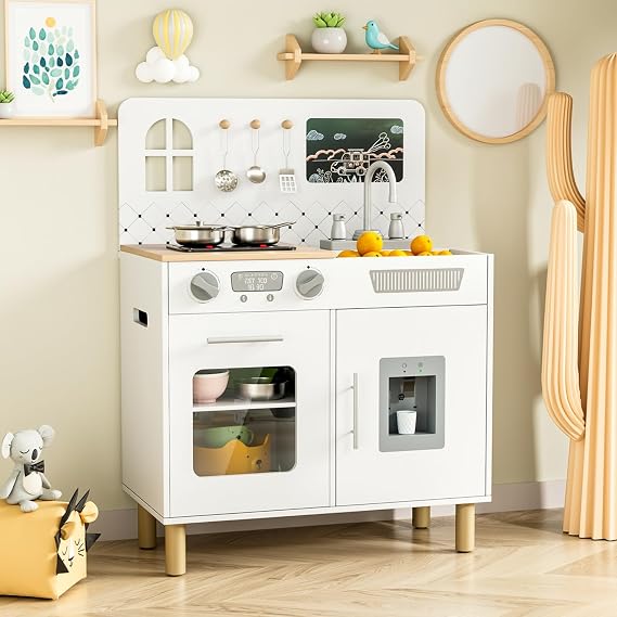 MAMIZO Play Kitchen for Kids, Pretend Playset with Blackboard for Ages 3+ | Realistic Lights & Sounds, Ultimate Interactive Wooden Kitchen with Knob Sounds, Sink, Water Dispenser, 6 Pcs Cookware,White
