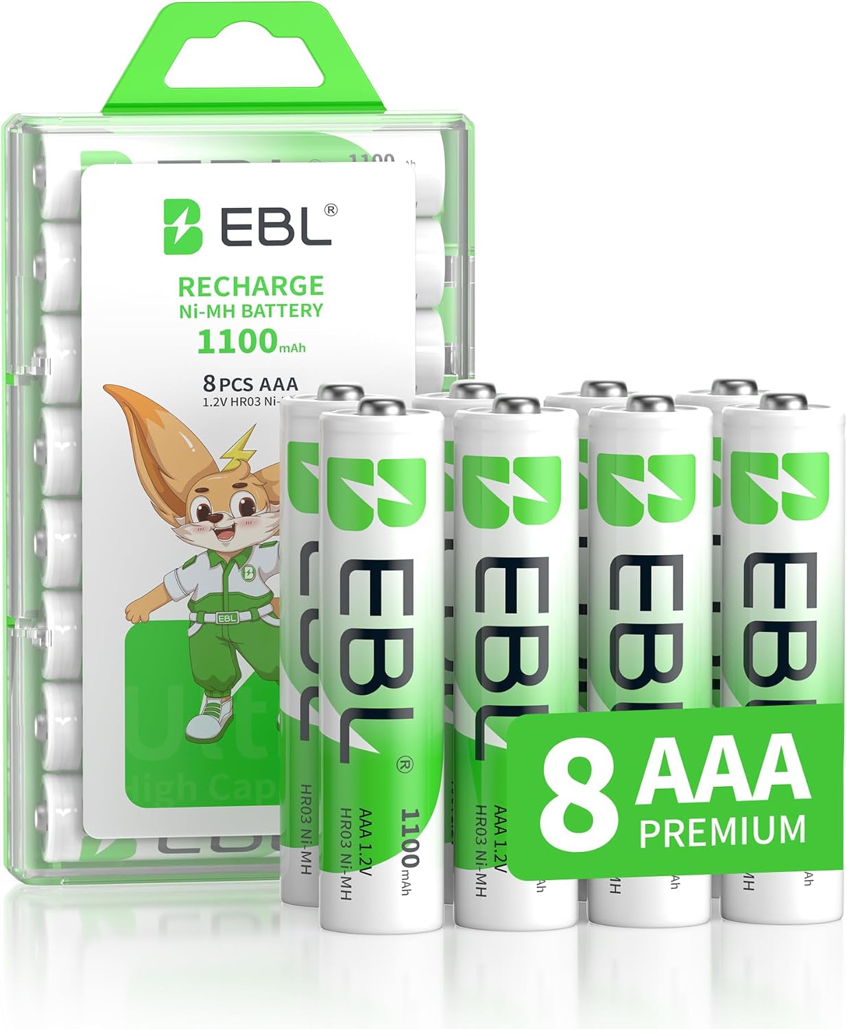 EBL 8 Pack AAA Ni-MH Rechargeable Batteries AAA Batteries ProCyco Technology Typical 1100mAh, Minimum 1000mAh