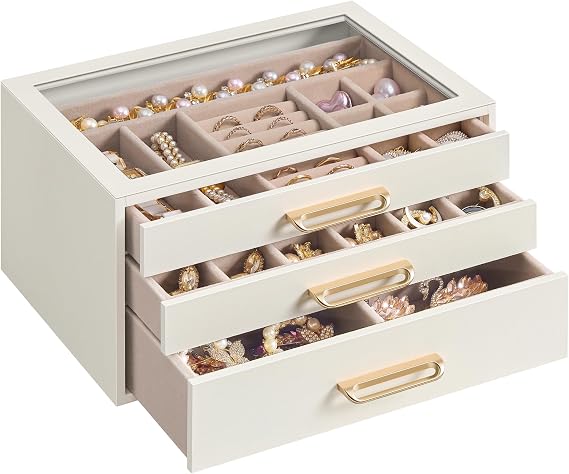 SONGMICS 3-Layer Jewelry Box with Glass Window, 3 Drawers, Golden Handles