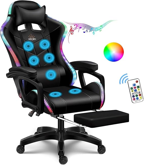 Ergonomic Gaming Chair with 360° Swivel, Massage, Speakers, Footrest, Lumbar Support, and LED Lights