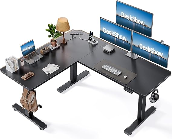 63x55 L-Shaped Electric Standing Desk with Charging Station | Adjustable Corner Standing Desk with Memory Controller ,L Shape Sit Stand Table with Splice Board for Home Office