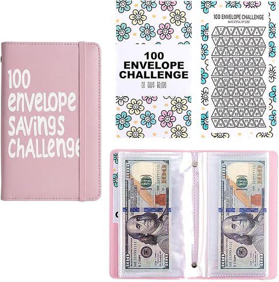 100 Envelope Challenge Binder, A6 Money Saving Wallet with Cash Envelopes, Reusable Budget Binder Book for Cash Stuffing & Financial Planning, Waterproof PU Leather Organiser (Pink)