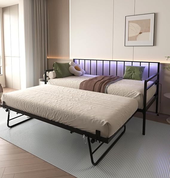 Twin Daybed with Trundle Metal Bedframe with RGB LED Lights & Charging Station,Metal Sofa Bed with Pop Up Trundle and Steel Slat Support for Living Room,Bedroom,Guest Room (Black)