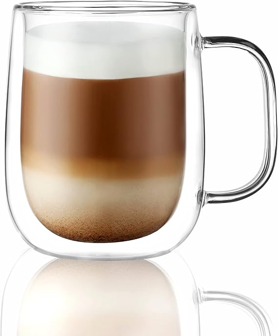 CNGLASS Large Double Wall Glass Coffee Mug 15.2oz(450ml),Clear Insulated Glass Espresso Cup with Big Handle,Set of 1