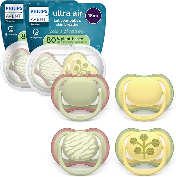 Philips Avent Ultra Air Soothers - Orthodontic Design, for Babies 18 Months+, Soft Silicone Symmetrical Teat, BPA-Free, with 2 Sterilizing Cases, 4 Pack, SCF349/55