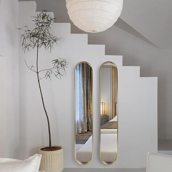 Gold Full Length Oval Mirror,Narrow Capsule Long Mirrors with Metal Frame for Entryway,Hallway,Living Room 44"X8"(2pcs) ...