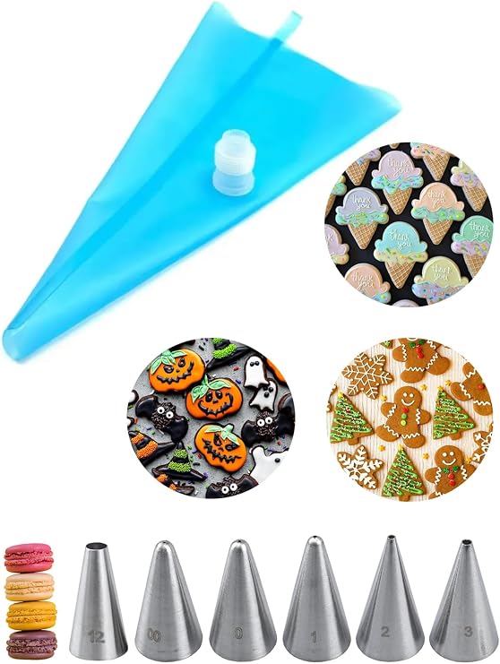 Royal Icing Piping Bags and Tips Set with 6 Small Piping Tip for Writing,Sugar Cookie Decorating,Macarons,1 Reusable Icing Bag & Coupler