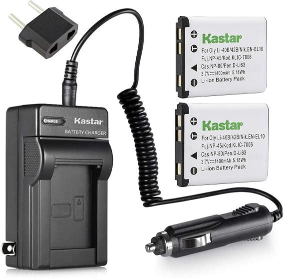 Kastar Charger + 2 Battery for Olympus Stylus 820 830 840 SW 725 SW 770 SW 790 SW 850 SW FE190 FE220 Digital Camera + car Plug