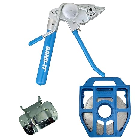 BAND-IT Stainless Steel Banding Tool Bundle Includes C07569 Bantam Tool with Cutter, C25499 1/2" Ear-Lokt Buckles (100/Box), and C204B9 1/2" x 100 ft 201 SS Band Roll in Blue Tote