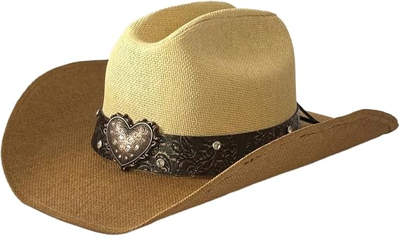Retro Straw Cowboy Hat Wide Brim Western Cowgirl Hat for Women Men Heart Belt Contrast Color Beach Sun Cap