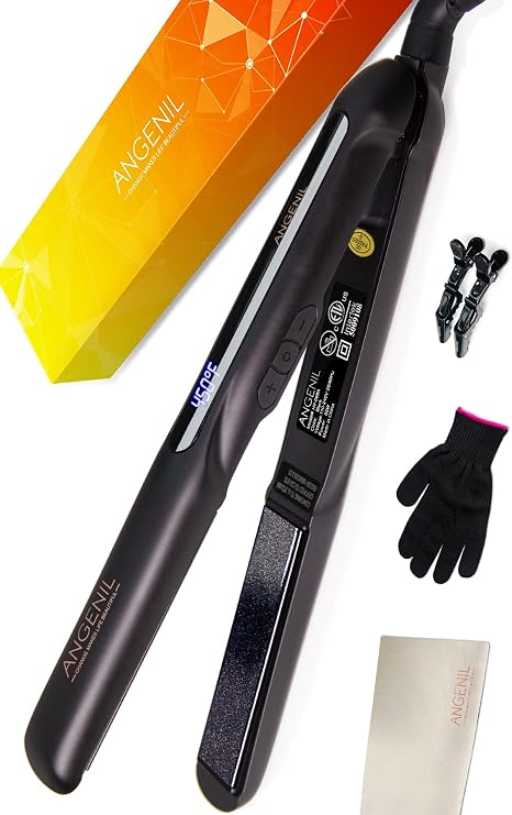 ANGENIL Portable Flat Iron Hair Straightener and Curler 2-in-1, Travel Dual Voltage Hair Straightener Ceramic Flat Iron 1 Inch for Women Curls & Shinier & Smoother Hair, LCD Display, 30S Fast Heating