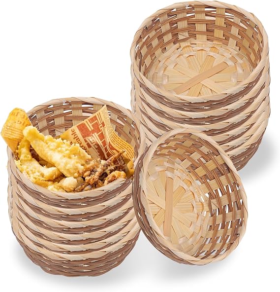 12 Pack Round Gift Baskets, 17cm Bamboo Bread Basket Handmade Woven Food Roll Baskets Small Fruit Serving Basket for Kitchen Storage Restaurant Display