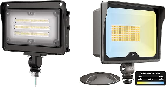 CINOTON 50W LED Flood Lights Outdoor D2D, IP65 Waterproof Exterior Security Wall Lights and 55W LED Flood Light 3CCT (3000K/4000K/5000K), 7700LM Dusk-to-Dawn Photocell Outdoor Security Light