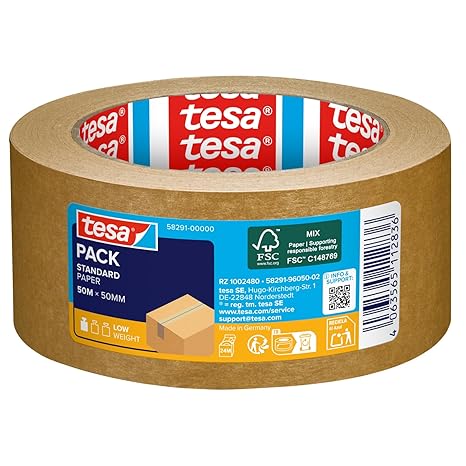 tesa tesapack Paper Standard - Environmentally Friendly Paper Parcel Tape 56% Bio-Based Material - Efficient and Recycling-Friendly - Brown - 50 m x 50 mm