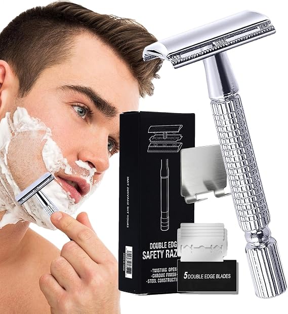 Double Edge Razor, Safety Razor for Men | Double Edge Manual Face Shaver | Razor for Smooth and Comfortable Shaving, Manual Shaver with 5 Refills for Face Grooming