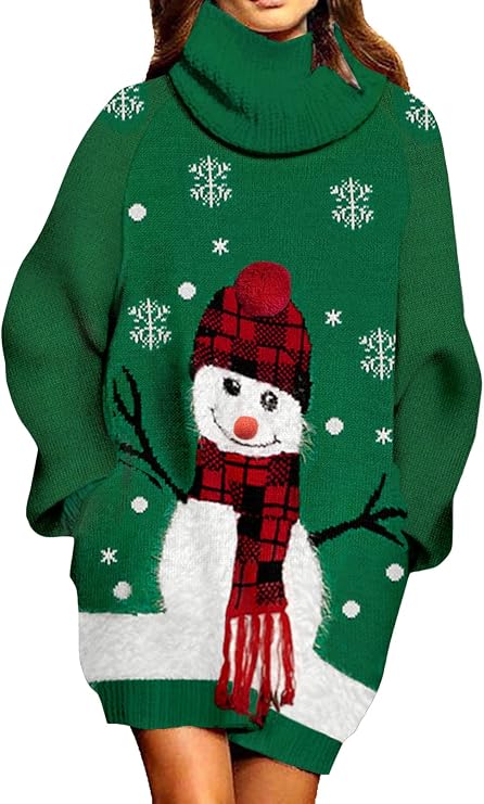 Pink Queen Ugly Christmas Sweater Dresses for Women Oversized Turtleneck Pullover Holiday Dress with Pocket