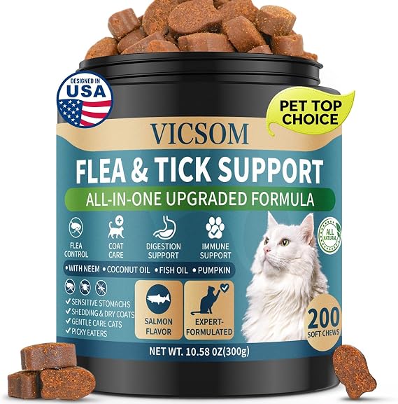 VICSOM Cat Flea Treatment, Flea and Tick Prevention for Cats, 200 Chews