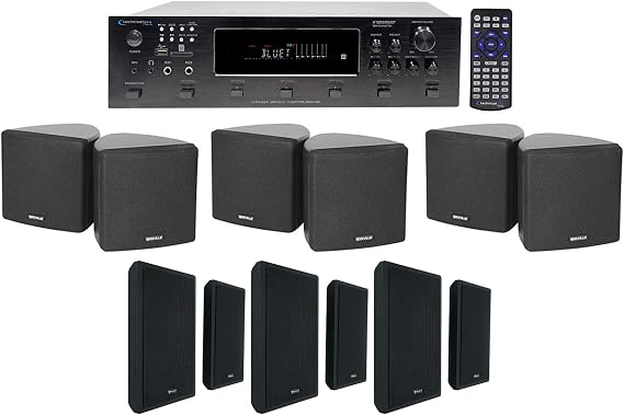 Technical Pro 6-Zone Receiver+6 Black 3.5" Cube+Slim Wall Speakers for Restaurant/Bar/Cafe