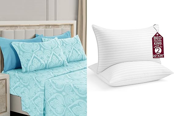 LUX Decor Paisley Cal King Sheet Set + 2 King Pillows 6 Piece Ultra-Soft Microfiber Bed Sheets with Flat Sheet, 16 Inches Deep Pocket Fitted Sheet & 4 Pillowcases, Breathable, Oeko-TEX Blue