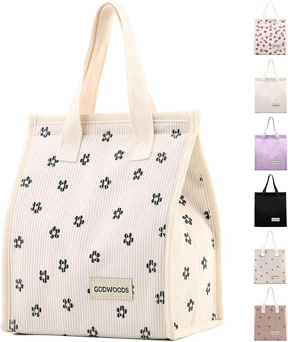 TELLUMO Corduroy Insulated Lunch Bag, 7.75L Large Capacity Reusable Lunch Box, Cute Lunch Tote for Women Men, Leakproof Lunch Cooler for Work Picnic Travel (Corduroy BlackClub)