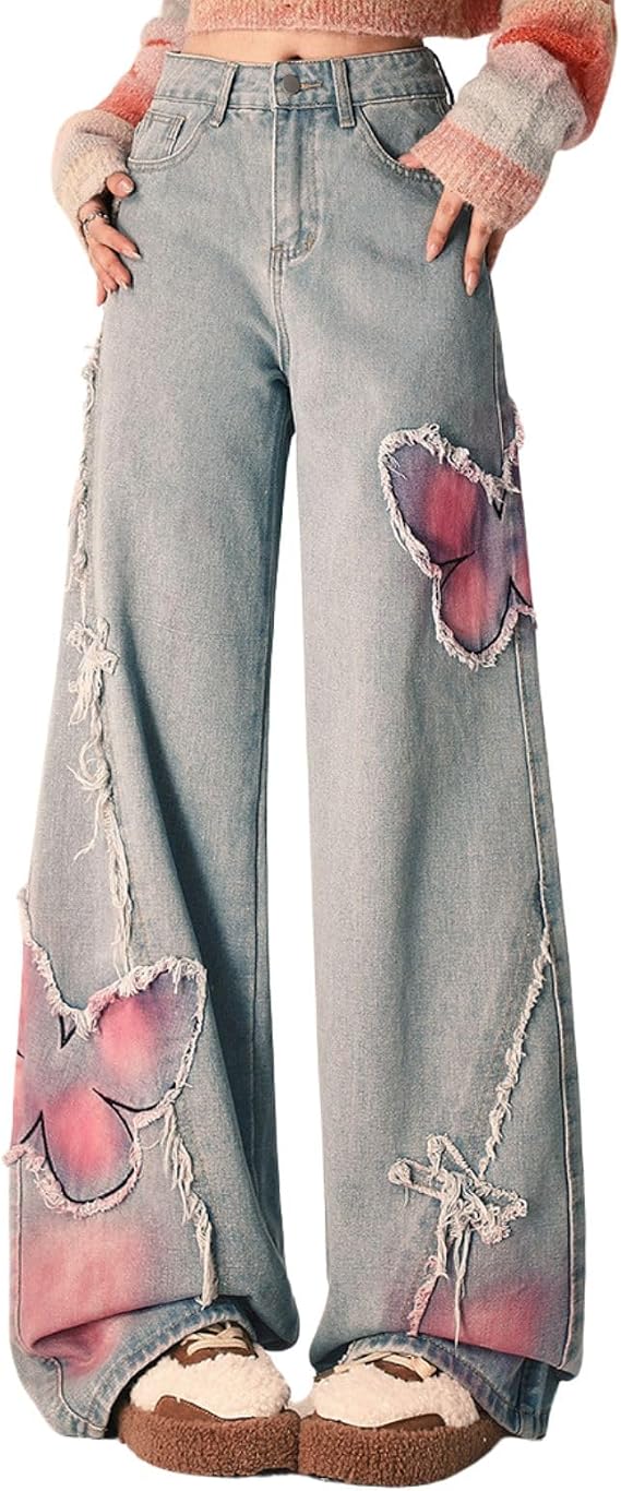 Y2K Jeans Women Butterfly Patchwork Straight Leg Cute Pants Grunge Streetwear Vintage Fashion Harajuku Clothes