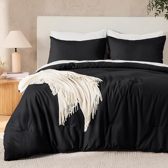 Black Comforter Set Twin Size Solid Fluffy Bedding 2 Pieces | Soft Lightweight Comforters & Sets for All Season, Boho Bed Set for Kids Boys Blanket (66x90Inch Comforter & 1 Pillowcase)