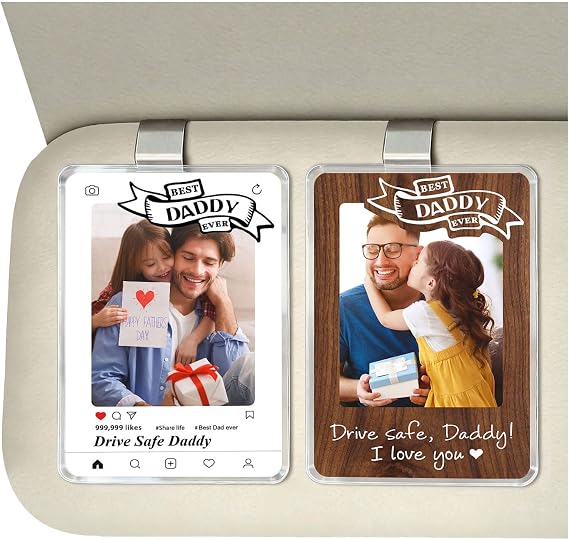 Set of 2 Drive Safe Daddy Gift from Daughter, Son or Wife, Car Visor Photo Holder with 5 Replaceable Quote Cards, for Dad, Husband, New Dad, Stepdad or Grandpa, Photo Clip for Car