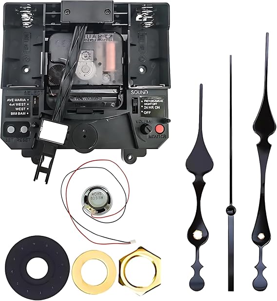 Black Quartz Clock Movement Replacement with Speaker, 4 Music Options, Hourly Chime, Night Shut-Off, Adjustable Volume, DIY Kit
