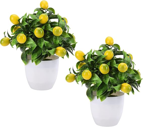 2Pcs 9.45Inch Artificial Lemon Tree Decor,Fake Lemon Plants Artificial Lemon Tree Bonsai Fake Greenery Mini Lemon Tree Potted for Home Office Decorations