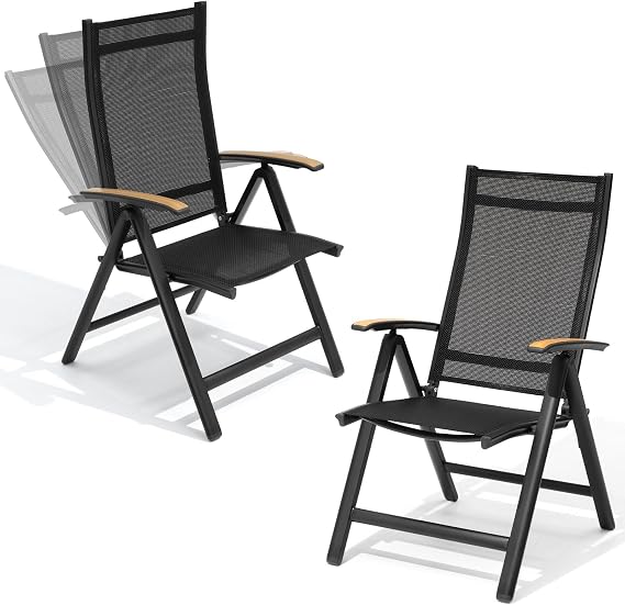 Folding Patio Chairs Set of 2, Outdoor Recliner Chairs | 8-Level Adjustable Reclining Back with Teak Armrest Aluminium Frame for Pool, Backyard, Black, DC071