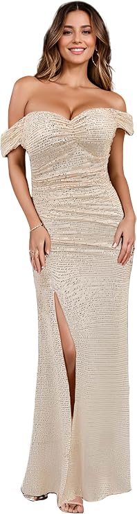 Fully Lined Sequin Maxi Dress for Women Wedding,Prom,Galas | Side Slit Off-Shoulder Evening Gown for Wedding Guest,Prom/Homecoming,Formal Dinners,Galas & New Years Eve