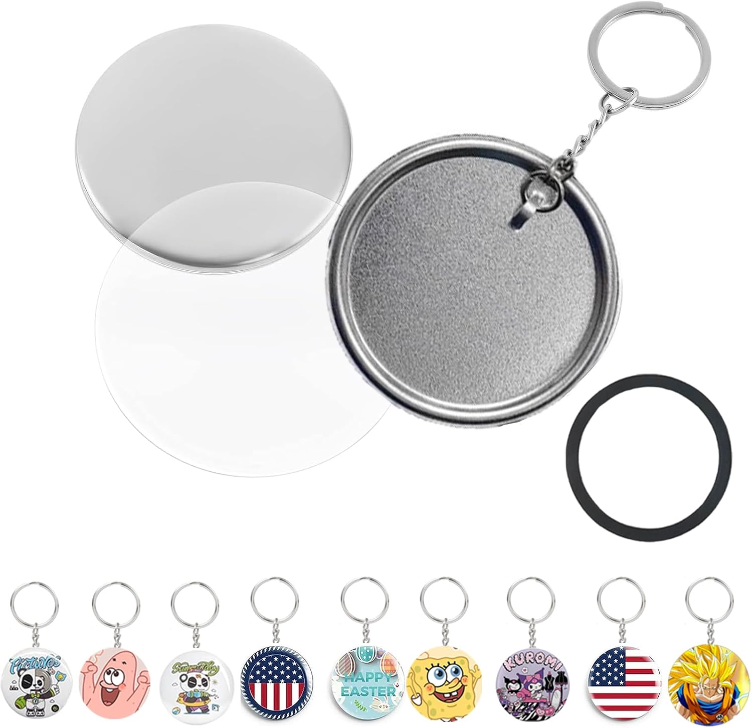 Button Maker Keychains Supplies, 50 PCS 58mm2.25 inch Pin Making Kit for Button Maker Machine, Metal Button Badge Sets with Metal Shell Back Cover, Transparent Film and Chain Head