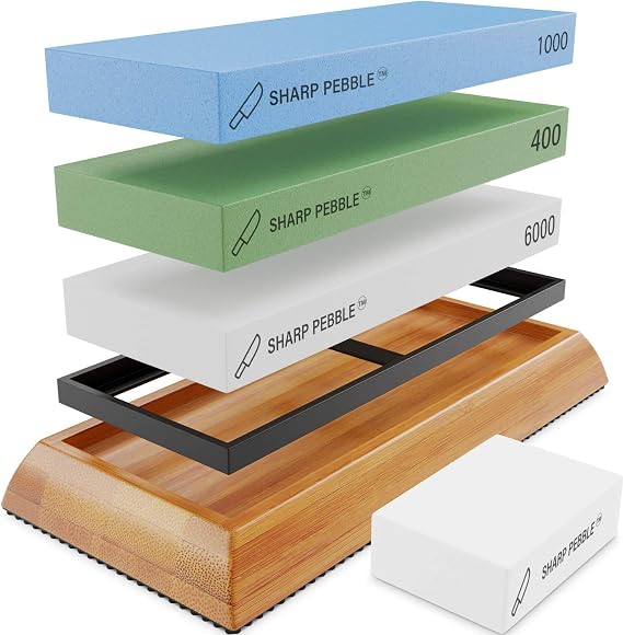 Sharp Pebble Knife Sharpening Stones Kit -Grits 400/1000/6000 | Extra Large Whetstone- Wet Stone Knives Sharpener Set with NonSlip Bamboo Base & Flattening Stone- No Honing Oils Needed
