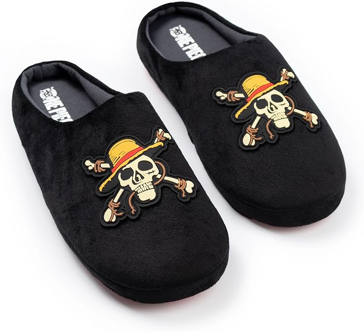 One Piece Black Logo Mule Slippers | Men's Indoor Footwear | Cartoon Character Design | Comfortable Loungewear | Easy Pull-On Style | Perfect for Relaxing at Home Merch