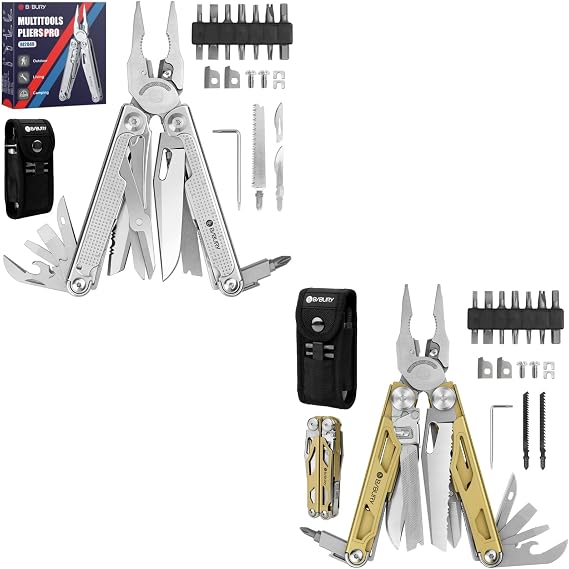 BIBURY Multitools Pliers Pro Series, BI2049 + BI2045 Golden, Foldable Multitools With Replaceable Wire Cutters and Upgraded Scissors, T-Shank Interchangeable Tools, Ideal for Camping Fishing Survial