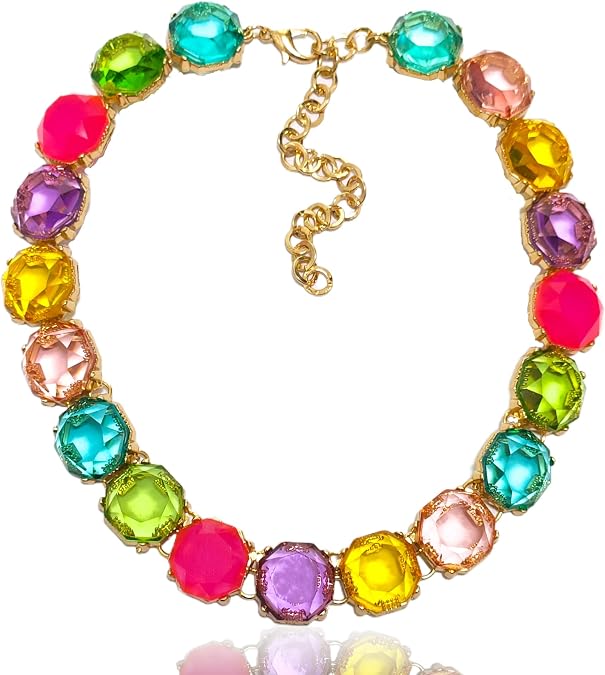 Chunky Rainbow Rhinestone Collar Necklace for Women, Vibrant Multicolor Big Gems with Gold Chain Adjustable, Sparkling Fashion Party Costume Jewelry for Prom & Holiday Gift