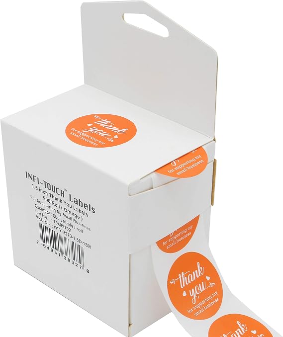 1.5 inch Round Orange | Thank You for Supporting My Small Business | Stickers - 500 Labels Per Roll Easy Peel Dispenser Box.