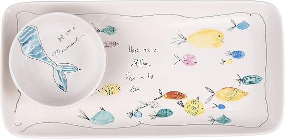 Creative Co-Op Rectangle Stoneware Plate with Fish Images and Matching Bowl