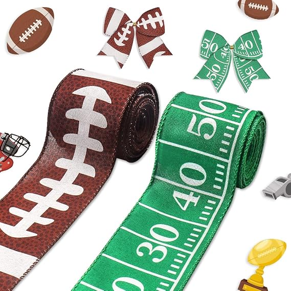 Threetols 2 Rolls 10 Yards Football Wired Edge Ribbons, 2.5inch Brown Green American Football Burlap Ribbons, Sport Gridiron Ribbon for Super Football Bowl DIY Craft Fall Bow Sport Team Party Decor
