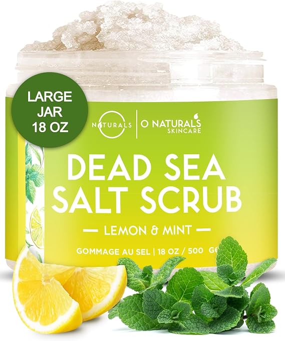 O Naturals Lemon Mint Dead Sea Salt Body Scrub – Natural Body Exfoliator Scrub, Skin Exfoliating Products for Body &amp; Feet, Foot Exfoliator Scrub, Hydrating Body Scrub