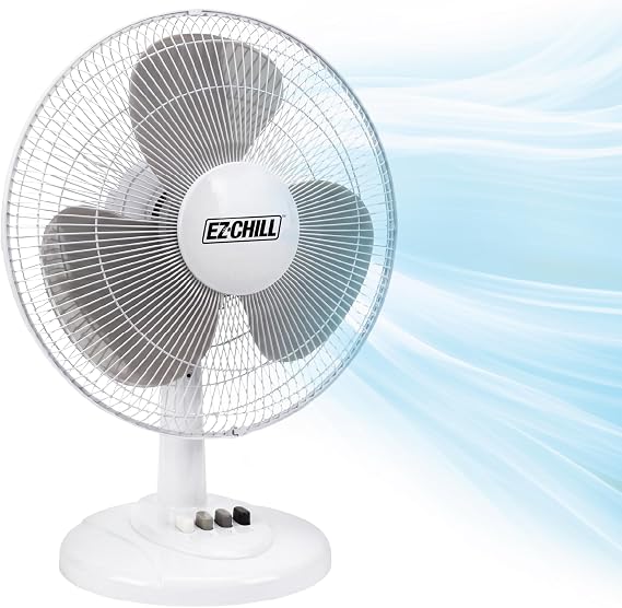 EZ-CHILL 16" 3-Speed Oscillating Table Fan for Home - White