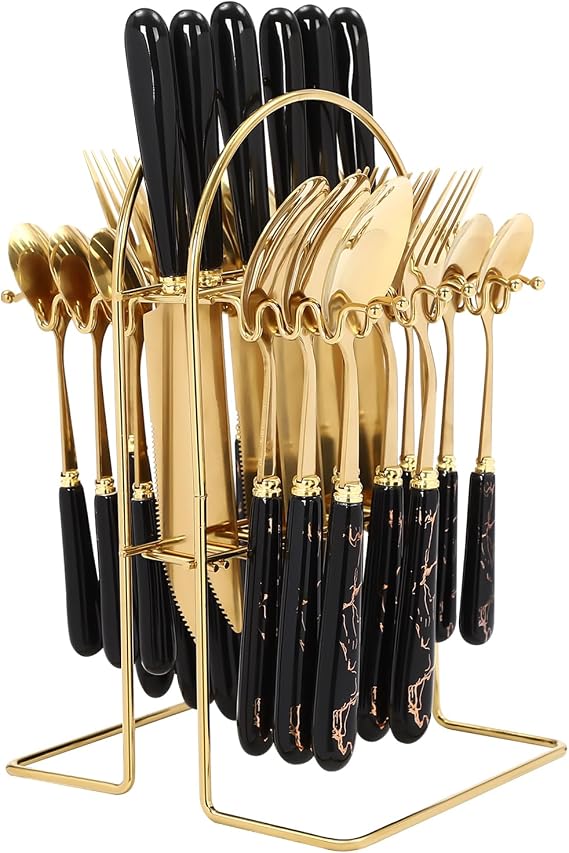 24 Pieces Cutlery Set Flatware Set Stainless Steel Cutlery Set with Stand, up to 6 People, for Family, Friends Gatherings, Holiday Banquets, Weddings, etc. (Black)