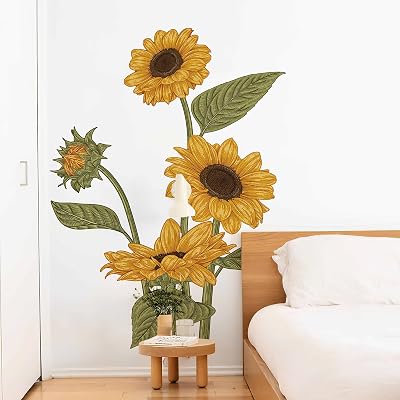 Sunflower Wall Stickers 3D Yellow Flower Decals Sunflower Wall Decals Peel and Stick 40.5 X 55.1 in DIY Mural Wall Art Decor for Kids Room, Nursery Classroom, Living Room, Bathroom