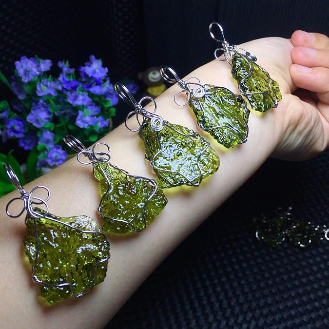 Wire Wrap Big Piece Raw Moldavite Pendant Necklace Green Meteorite Stone from Czech Republic Natural Moldavite 5-10g K-39FJ SBOTTON-8571