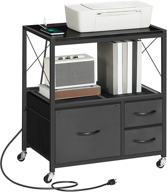MAHANCRIS File Cabinet with Charging Station, 3 Drawer Lateral Filing Cabinet for Home Office, Mobile Printer Stand with Open Shelf, Fits A4/Letter Size File, Nonwovens Drawer, Black FCHB98E01
